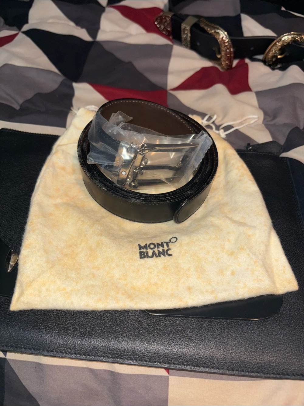 Montblanc Black Leather Belt with Silver Buckle